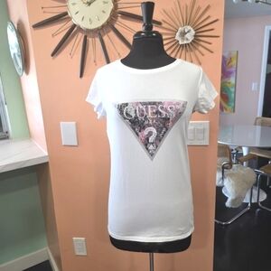 Guess XL White Short Sleeve Tee Casual Essential Triangle T-shirt Slim Fit